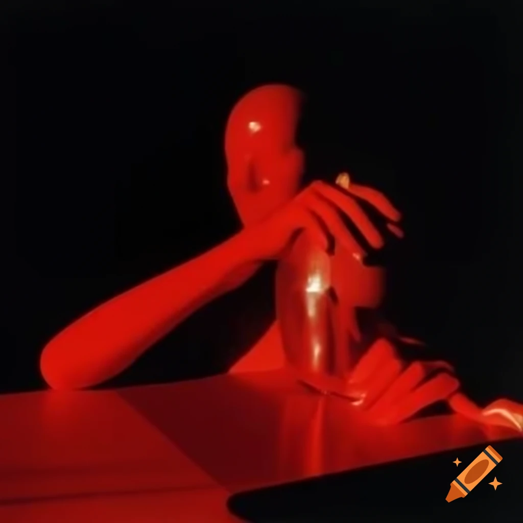 Pop surreal photography featuring a red glass statue