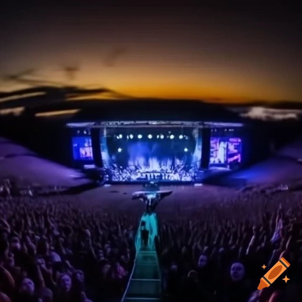 Crowd at music festival with vibrant stage lights in dark night