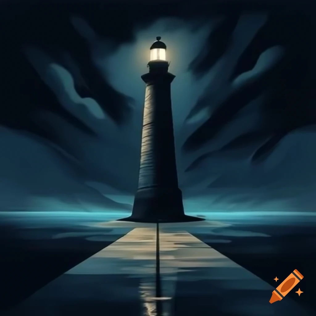 Minimalist night scene with lighthouse by calm ocean under starless sky