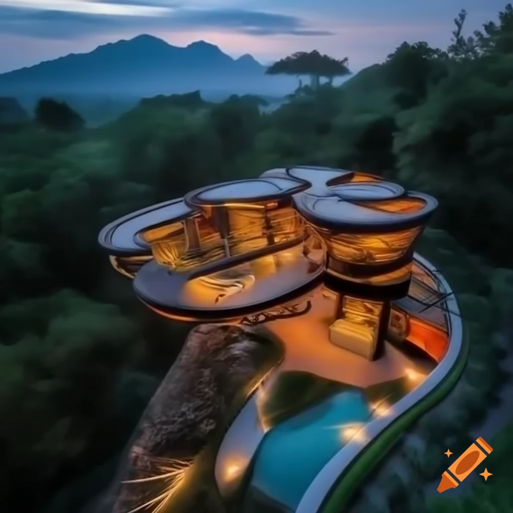Luxurious house shaped like an orange slice in tropical forest with glass windows