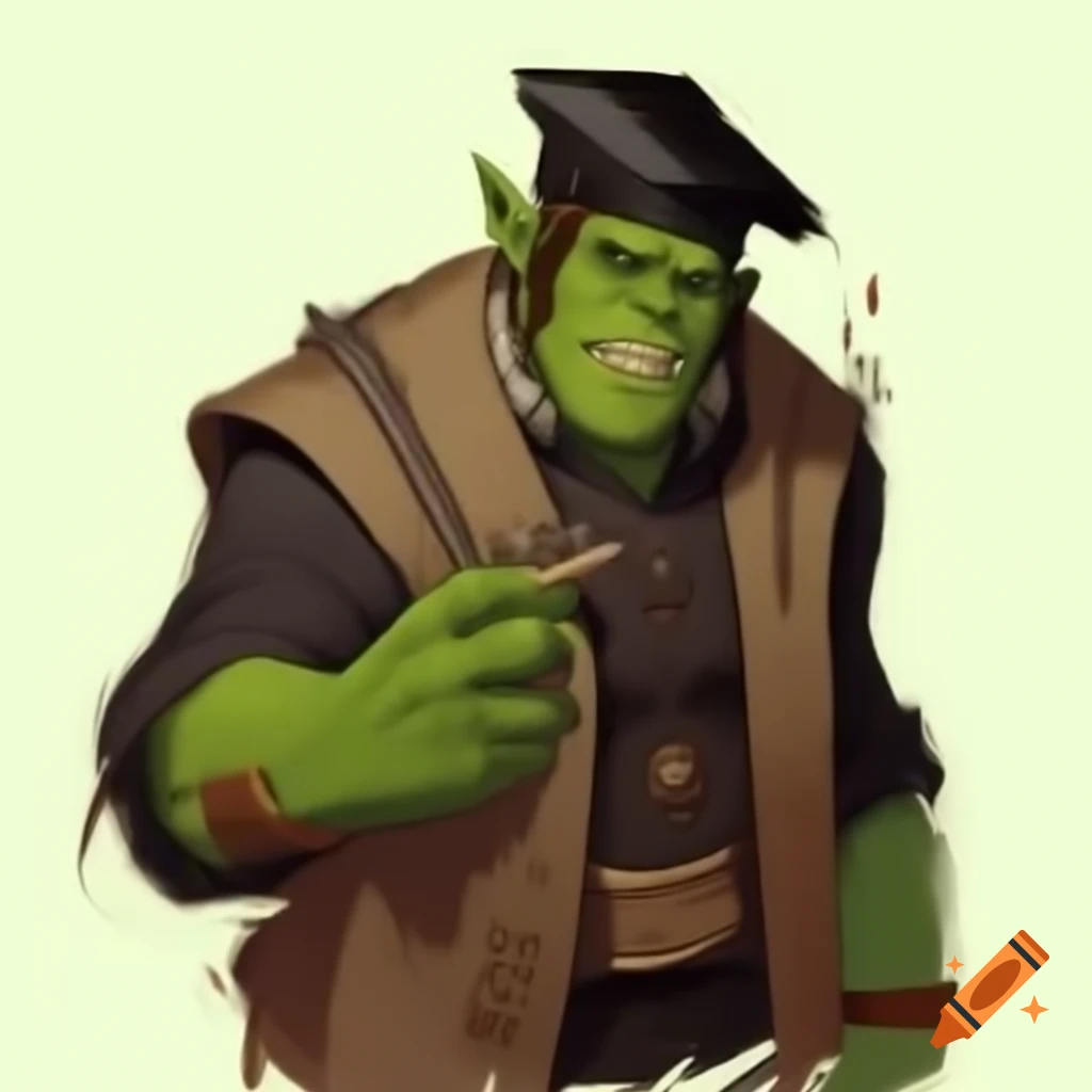 Dashing green orc in scholarly coat with tusks, monocle, and scrolls