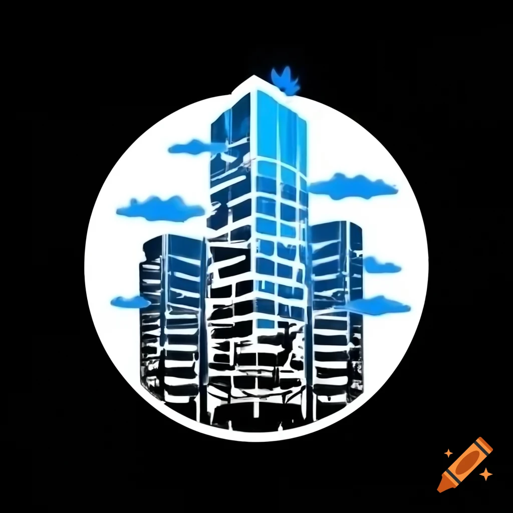 Logo design for Dreams District featuring black skyscraper with light blue and violet clouds