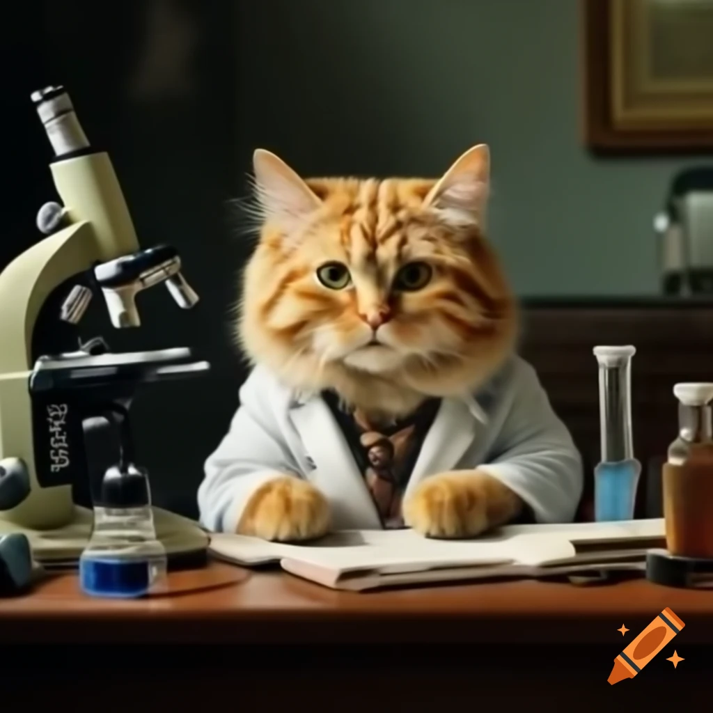 Yellow cat as a pathologist with microscope in laboratory