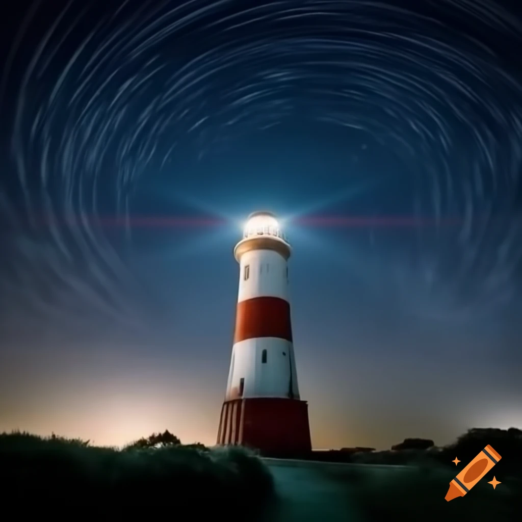Lighthouse at night with starry sky and west beach nature in time lapse