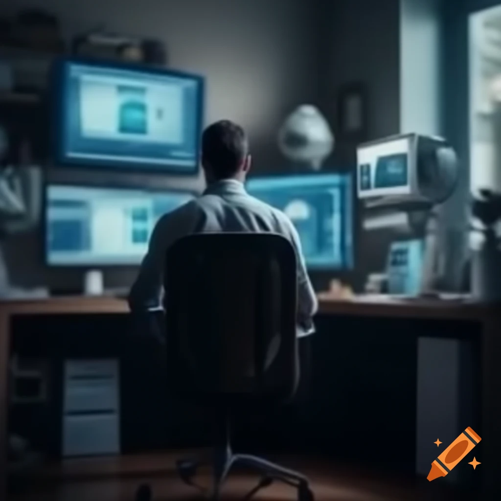 Man in futuristic home office surrounded by AI technology in 2034
