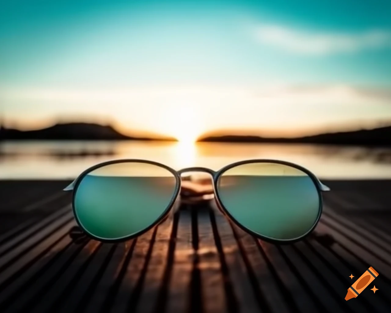 Close up of sunglasses on wooden bridge with calm lake and northern lights background