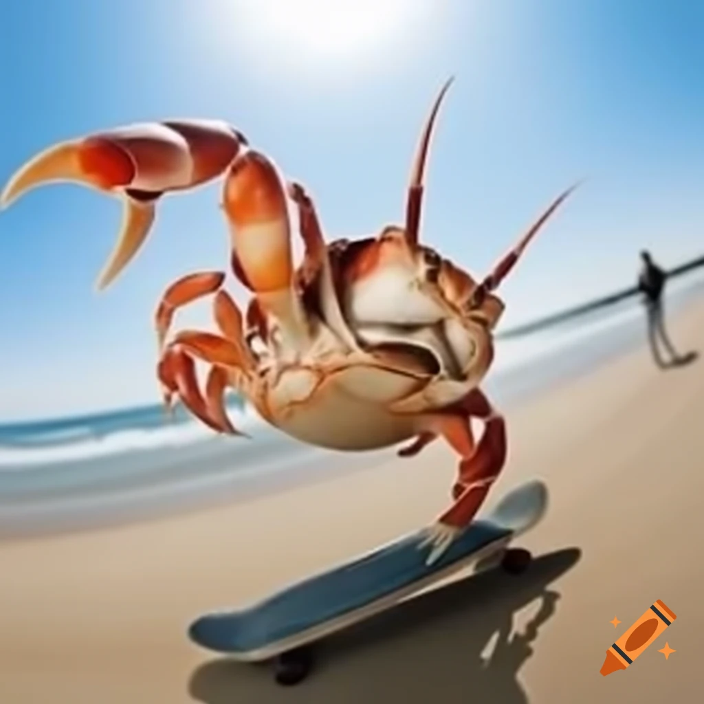 Beachgoer surprised by a crab skateboarding