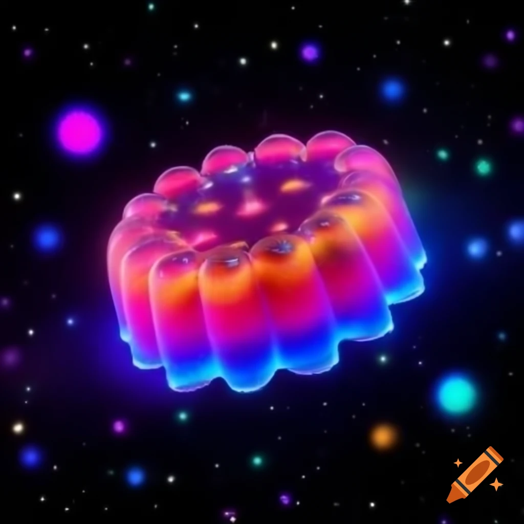 Colorful neon-glowing jello floating in space