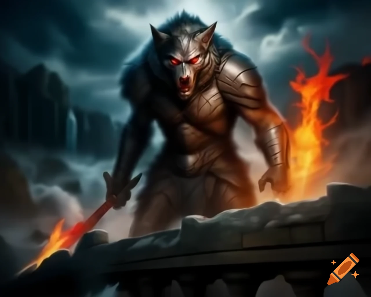 Werewolf in knight's armor with flaming sword on stone bridge over raging river