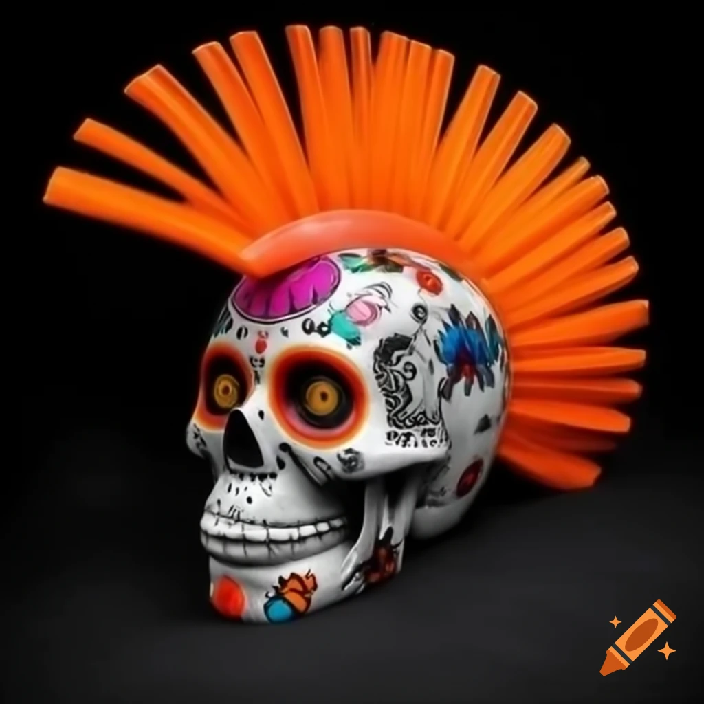 Punk rock d a de muertos sugar skull with orange mohawk on craiyon