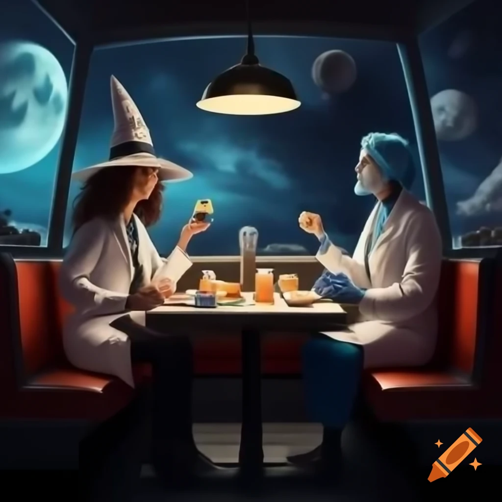 Witch doctors enjoying breakfast at a space diner on the moon