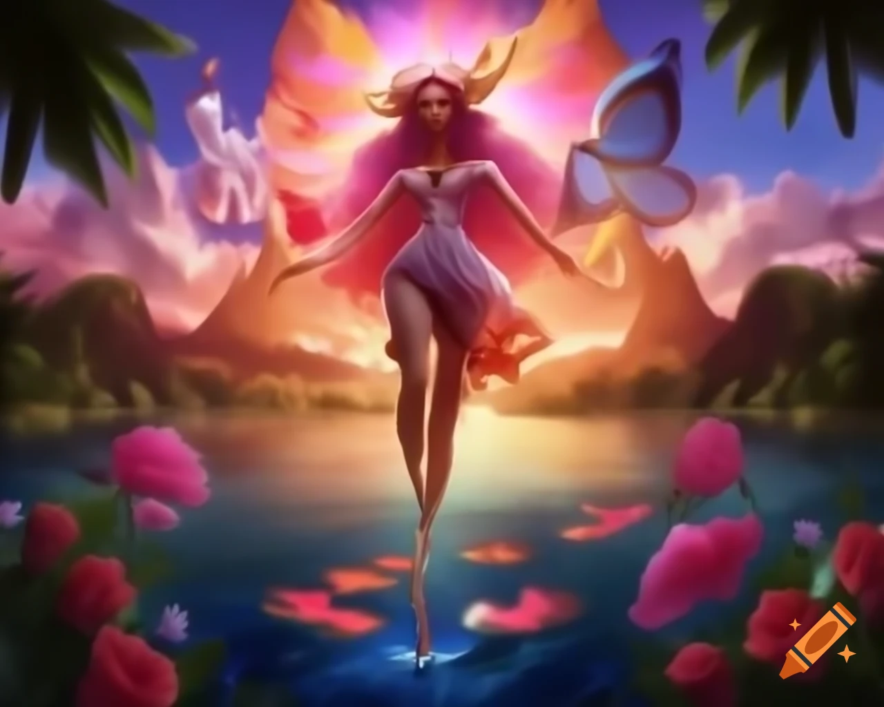 Surreal woman with vibrant wig and freckles in dreamlike sunset setting