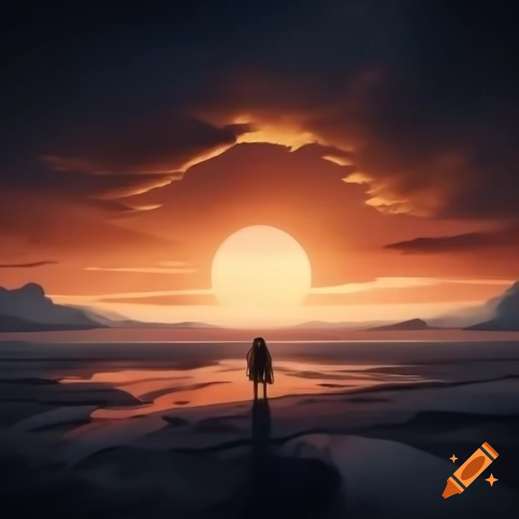 Sunset warrior emerging from arctic wasteland at dusk with golden and pink sky
