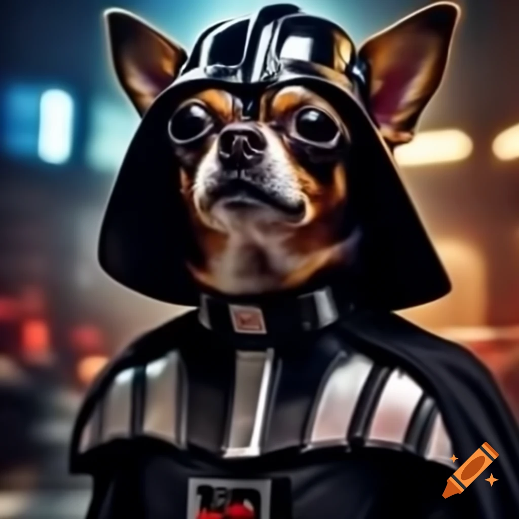 Angry chihuahua in black Darth Vader costume showing teeth