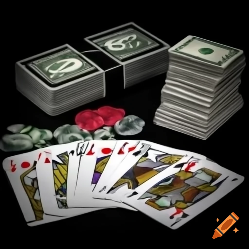 Deck of cards with joker and stacks of cash