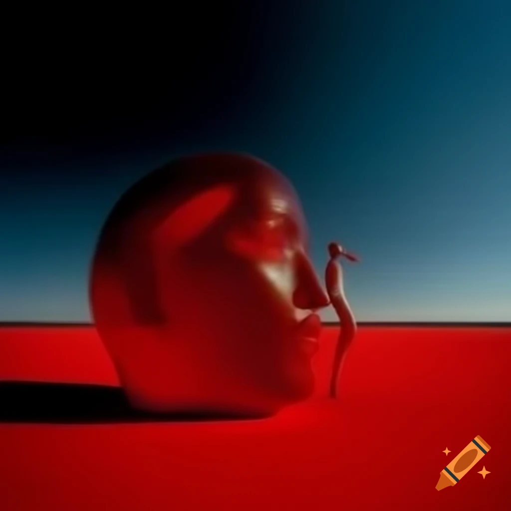 Pop surreal photography featuring a red glass statue