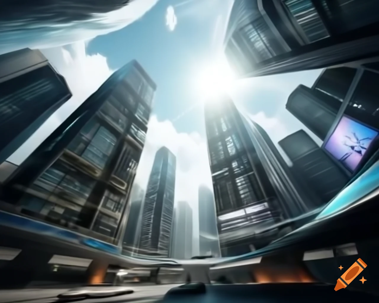 Futuristic cityscape with glass buildings, holographic ads, and flying cars