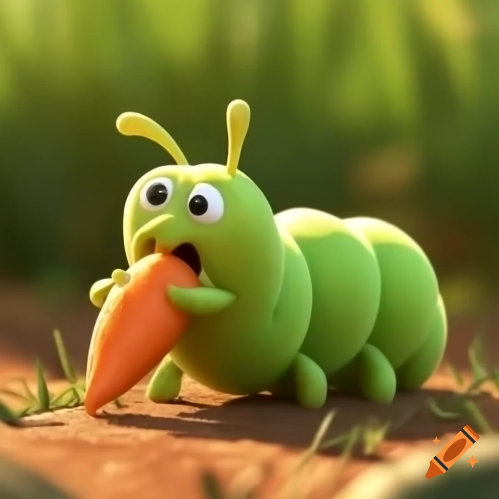 Tiny green caterpillar eating orange carrots in animated grass