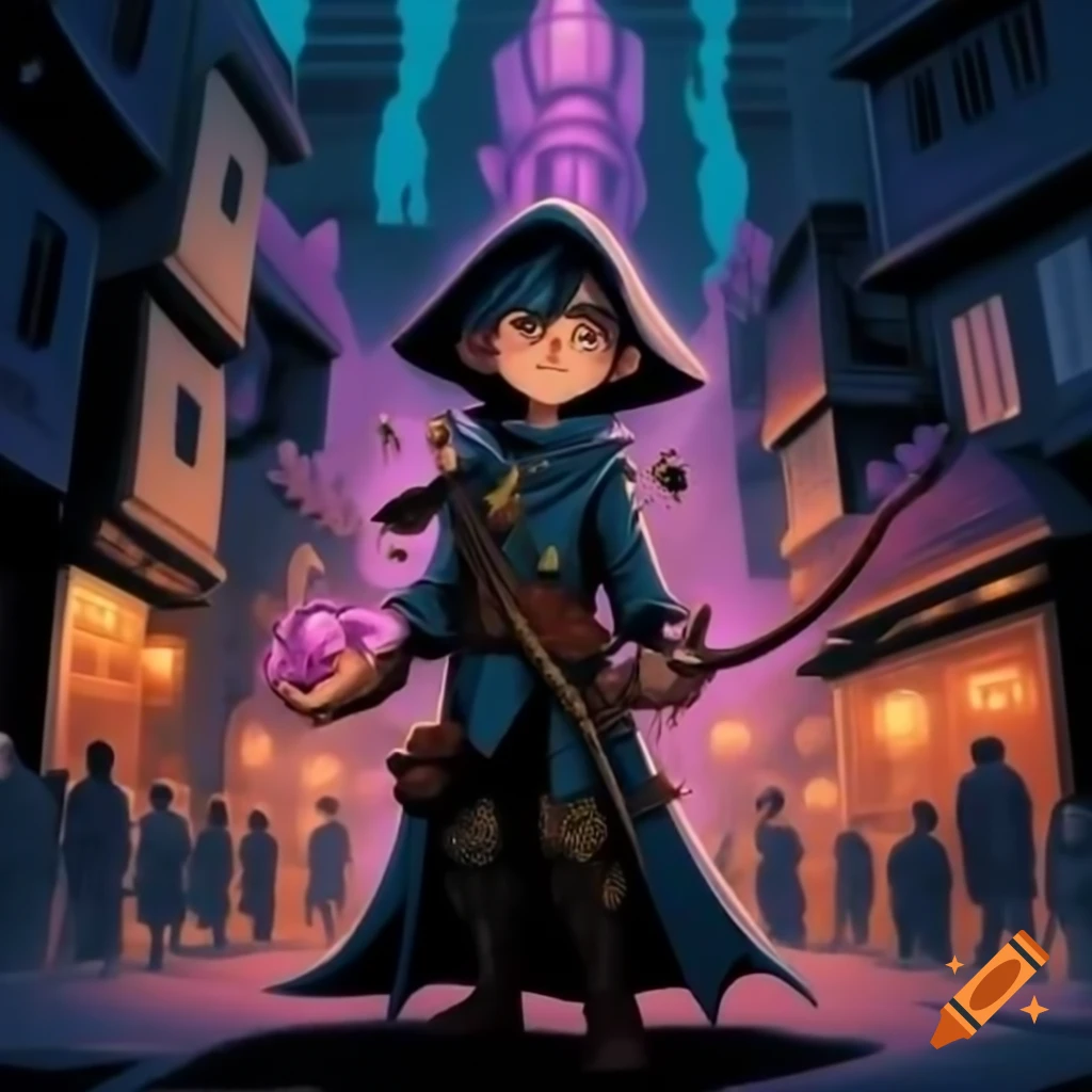 Young mage cloaked in amethyst light surveying bustling fantasy city