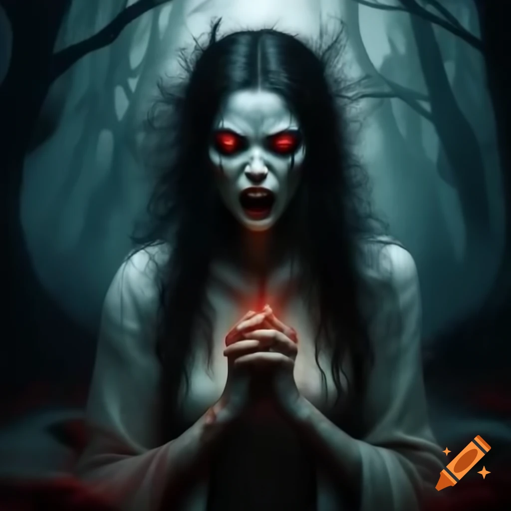 Terrifying chudail with long black hair and glowing red eyes in dark haunted forest