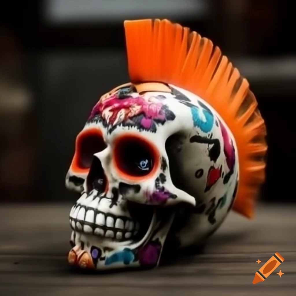 Punk rock Día de Muertos sugar skull with orange mohawk