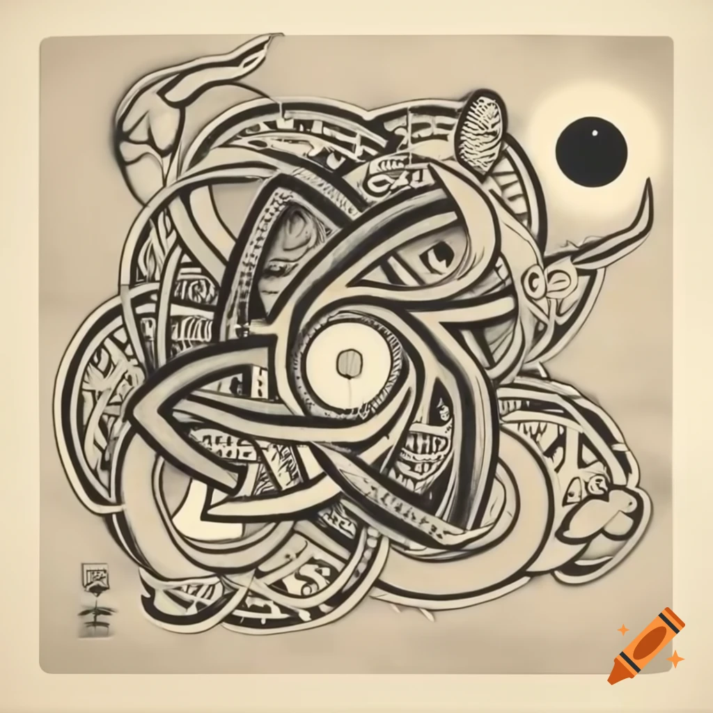 Psychedelic Celtic art featuring monsters and myths, influenced by Carl Jung and Tolkien