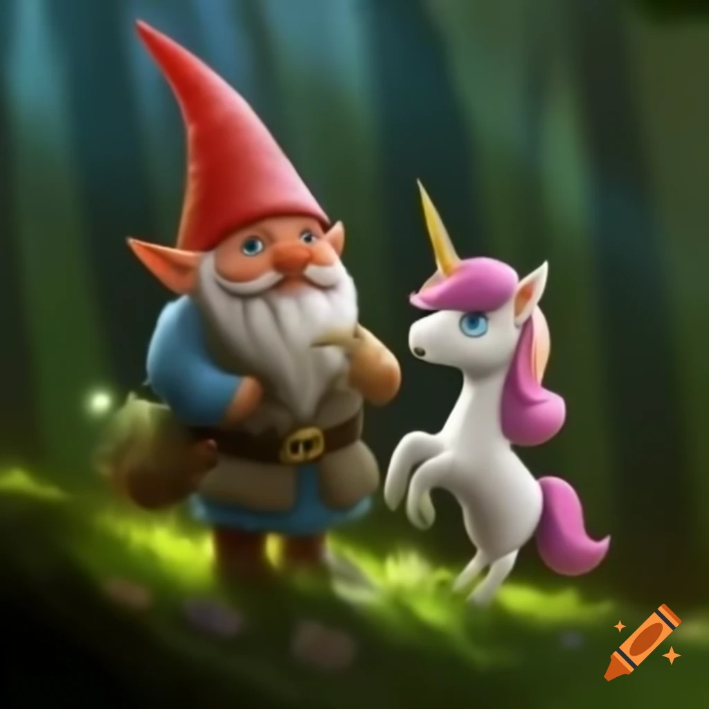 Gnome and unicorn journeying through magical forest