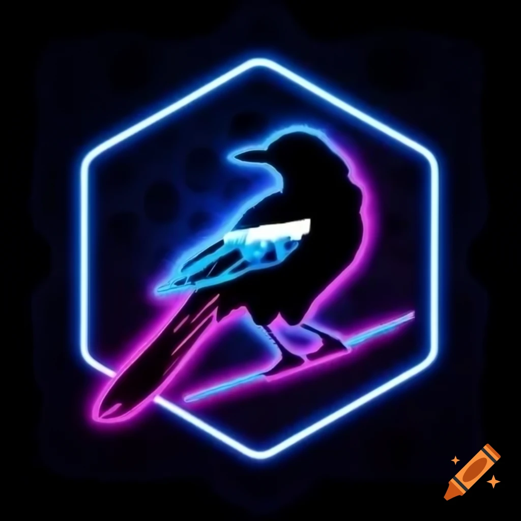 Silhouette of magpie with neon accents on hexagon background