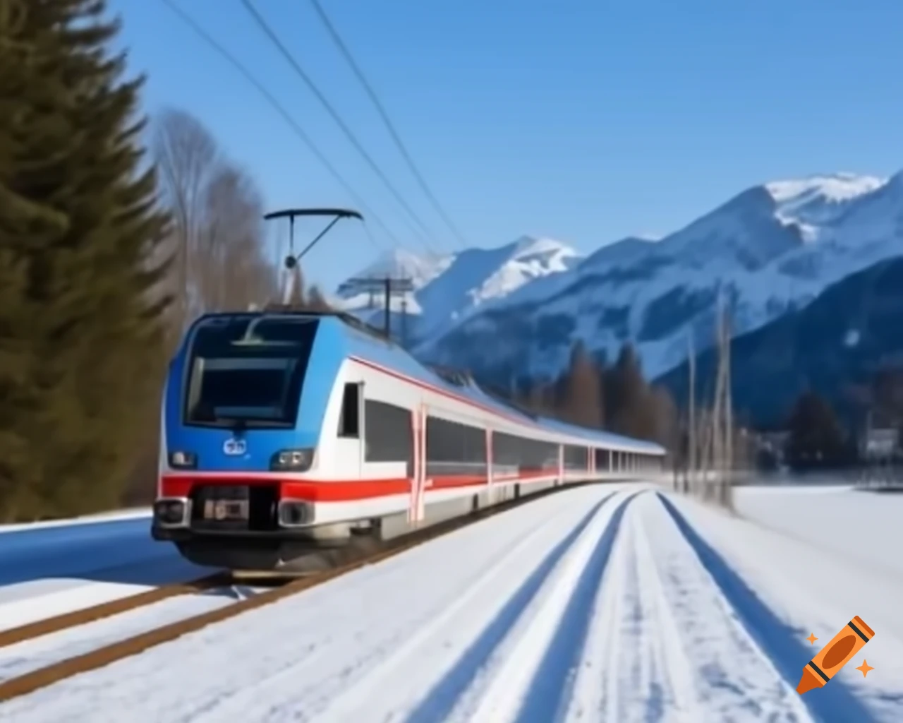 Train with blue and red stripes traveling through snowy forest