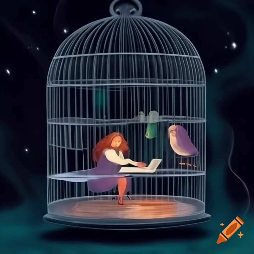 Opened birdcage with a woman and laptop, conveying a gloomy mood in a galaxy setting