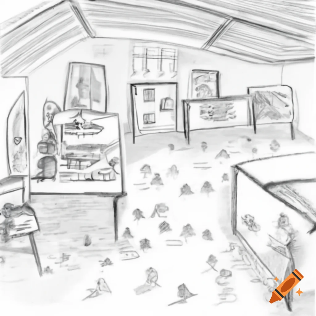 Sketch of small room decorated for snow festival with snow on floor and paper snowflakes