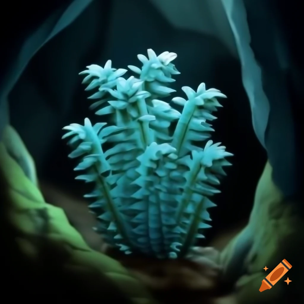 Multiple blue orc-like plants in a dark cave setting