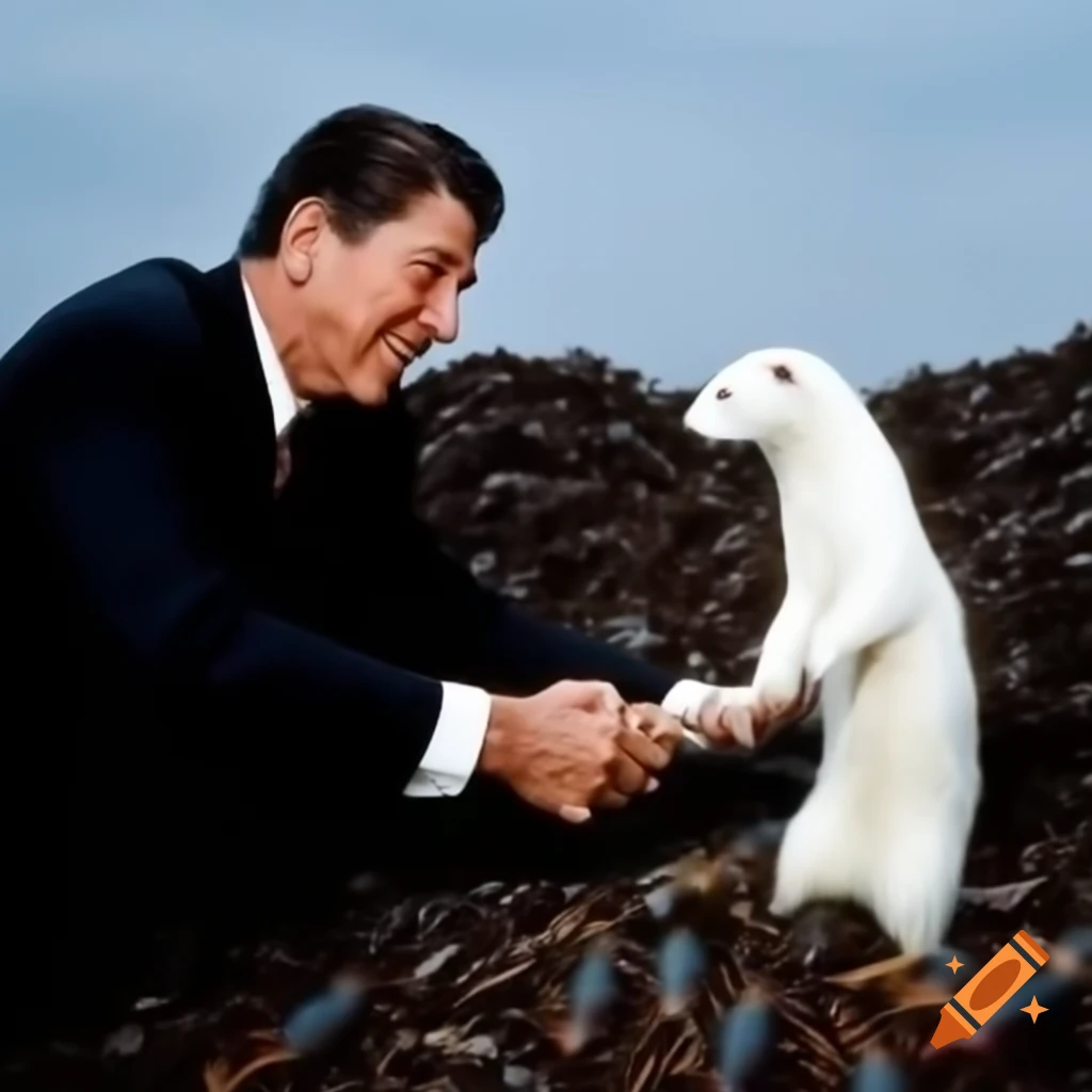 Ronald Reagan shaking hands with a white mink near a pile of crayfish