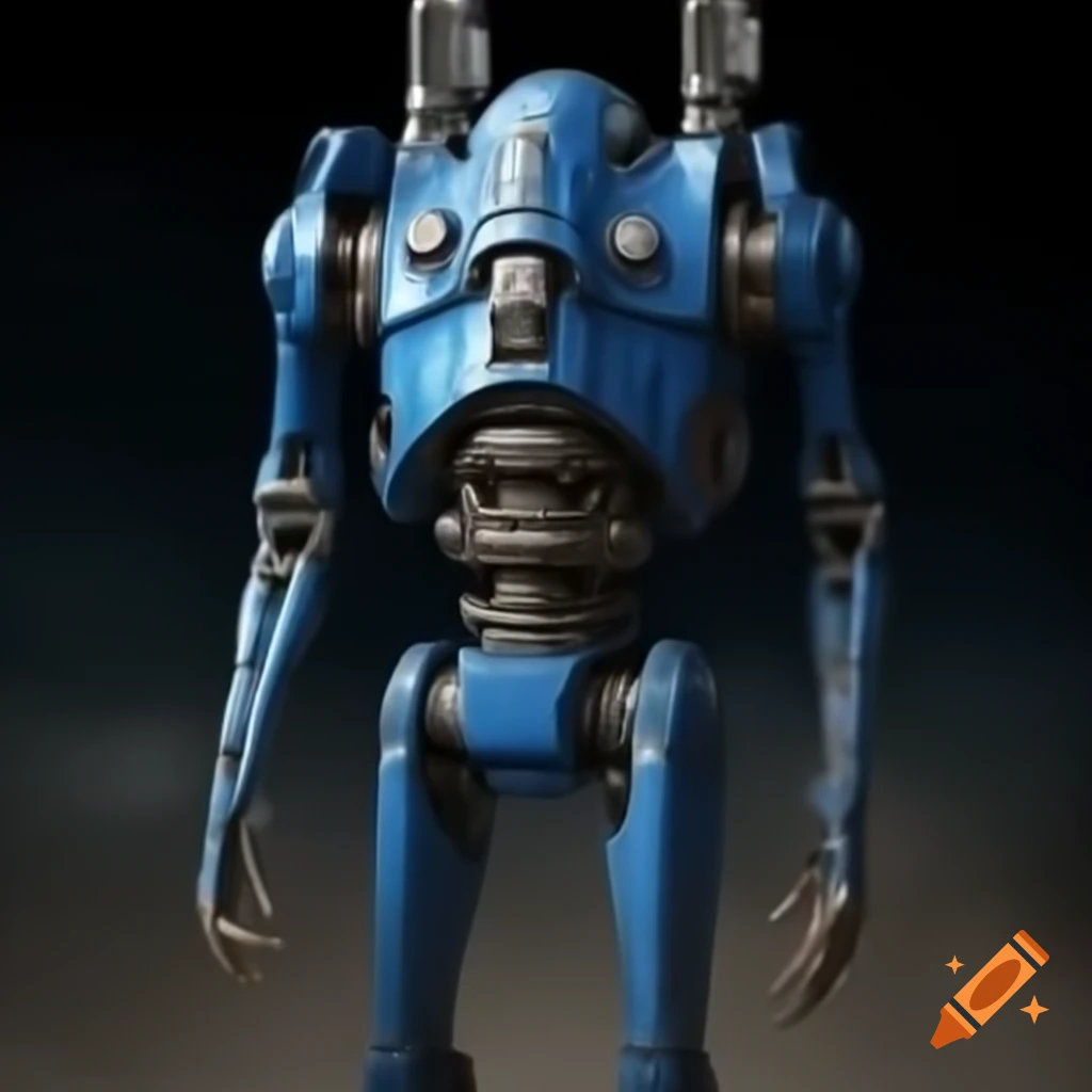 Blue combat droid with skull-inspired head, ready for battle against shimmering backdrop