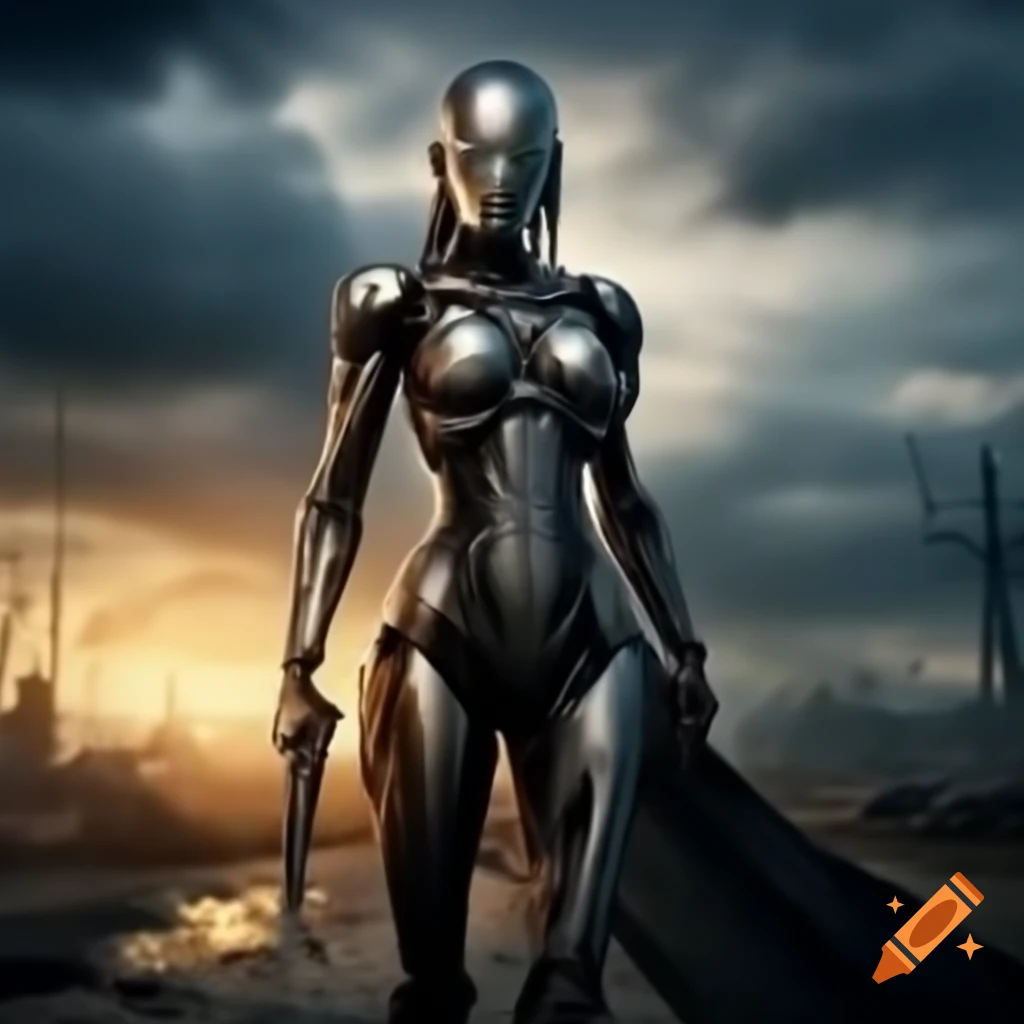 Cyborg warrior standing on a battlefield