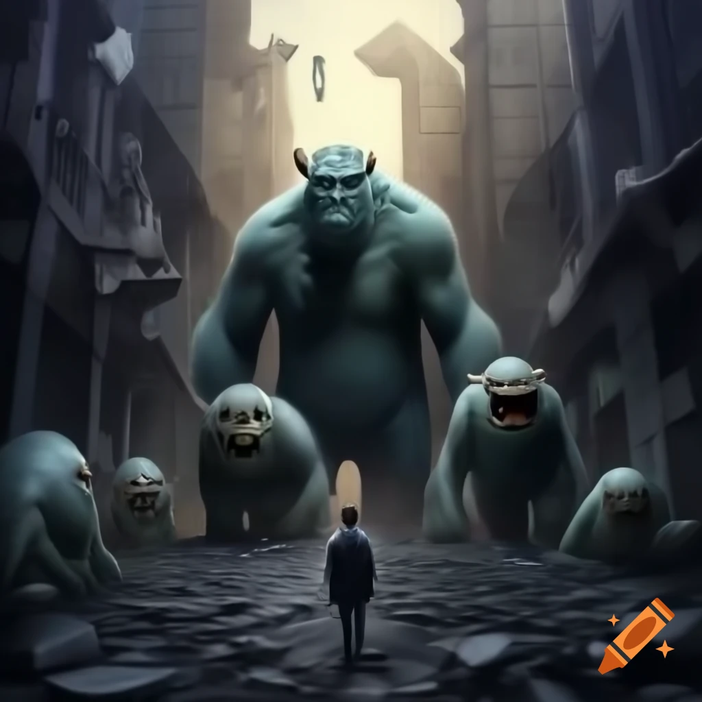 Monsters rampaging towards crumbling city in dramatic illustration