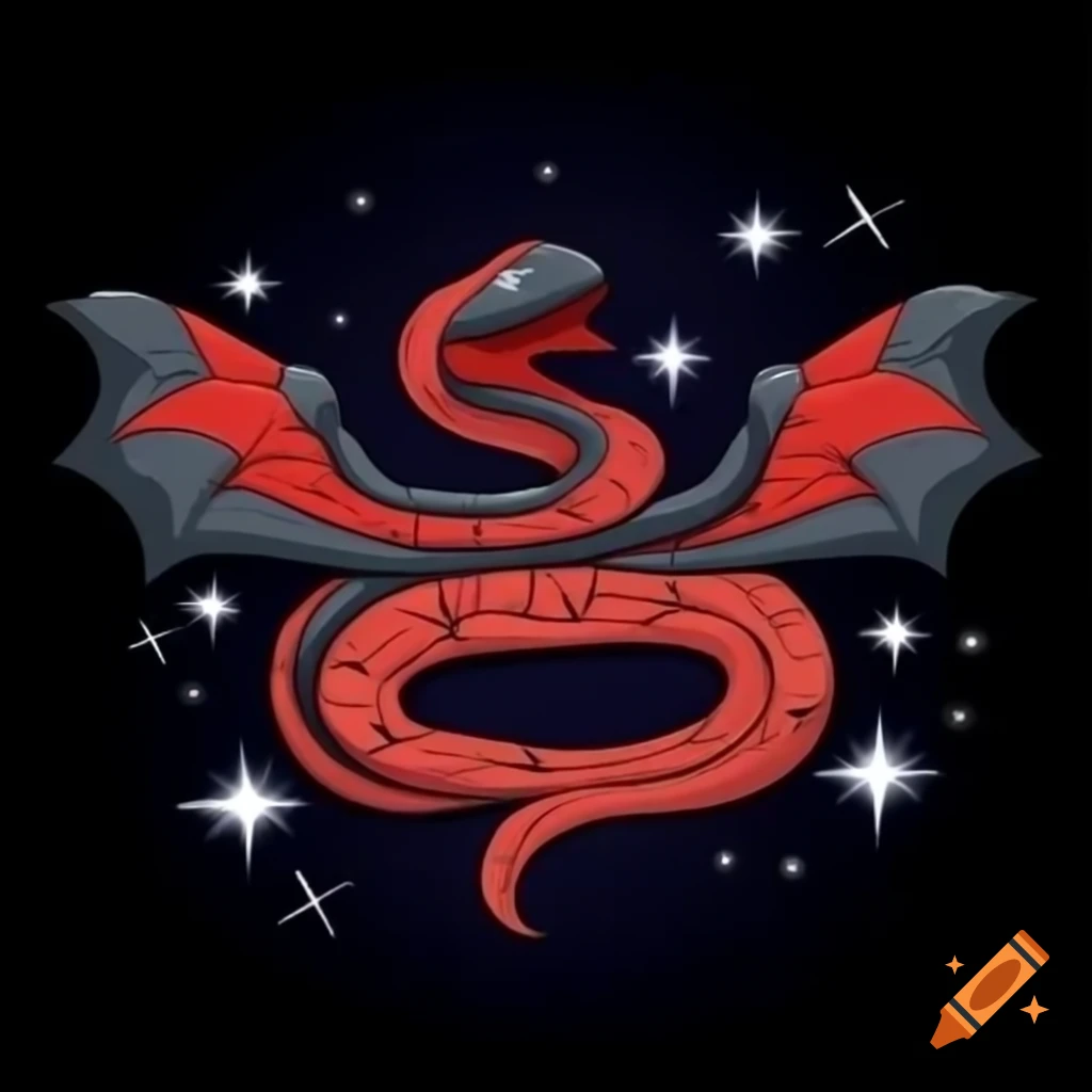 Animated black and red python with grey wings in attack position ...