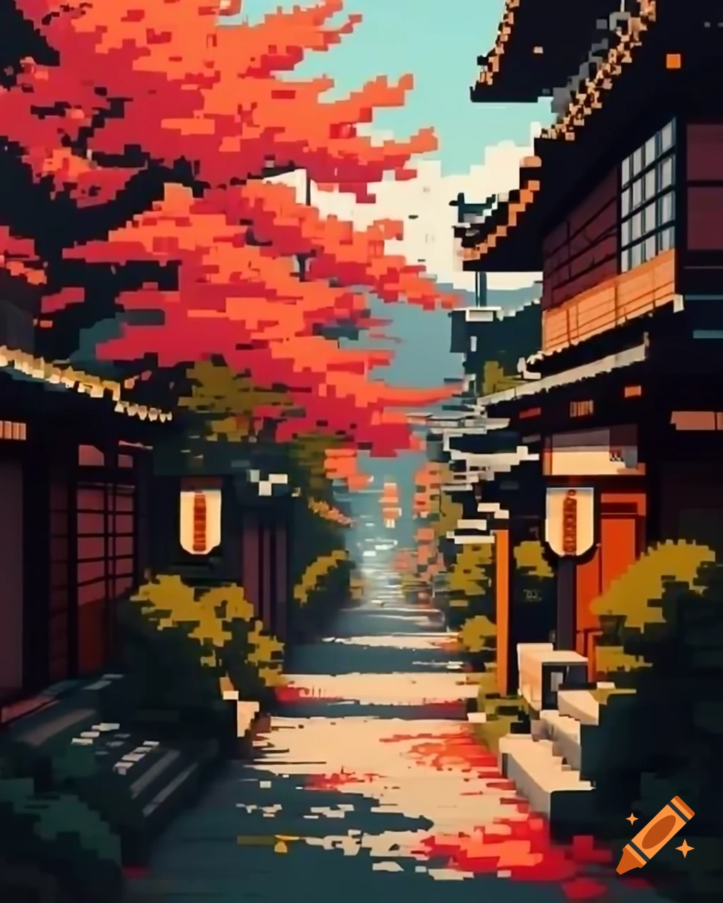PC-98 pixel art of Japanese actress in school alley with autumn maple trees at golden hour