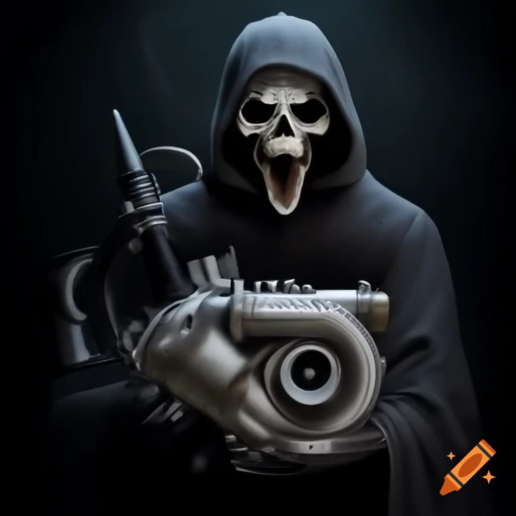 Grim reaper holding a turbo engine