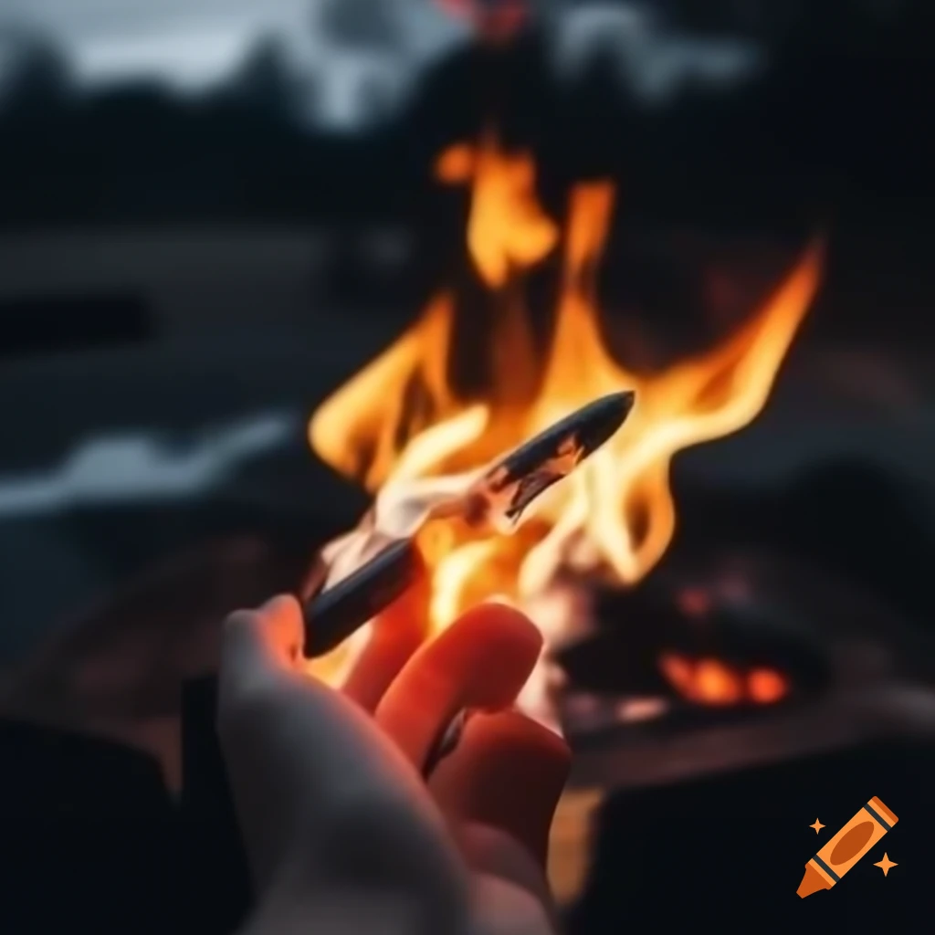 Hand holding pen engulfed in flames
