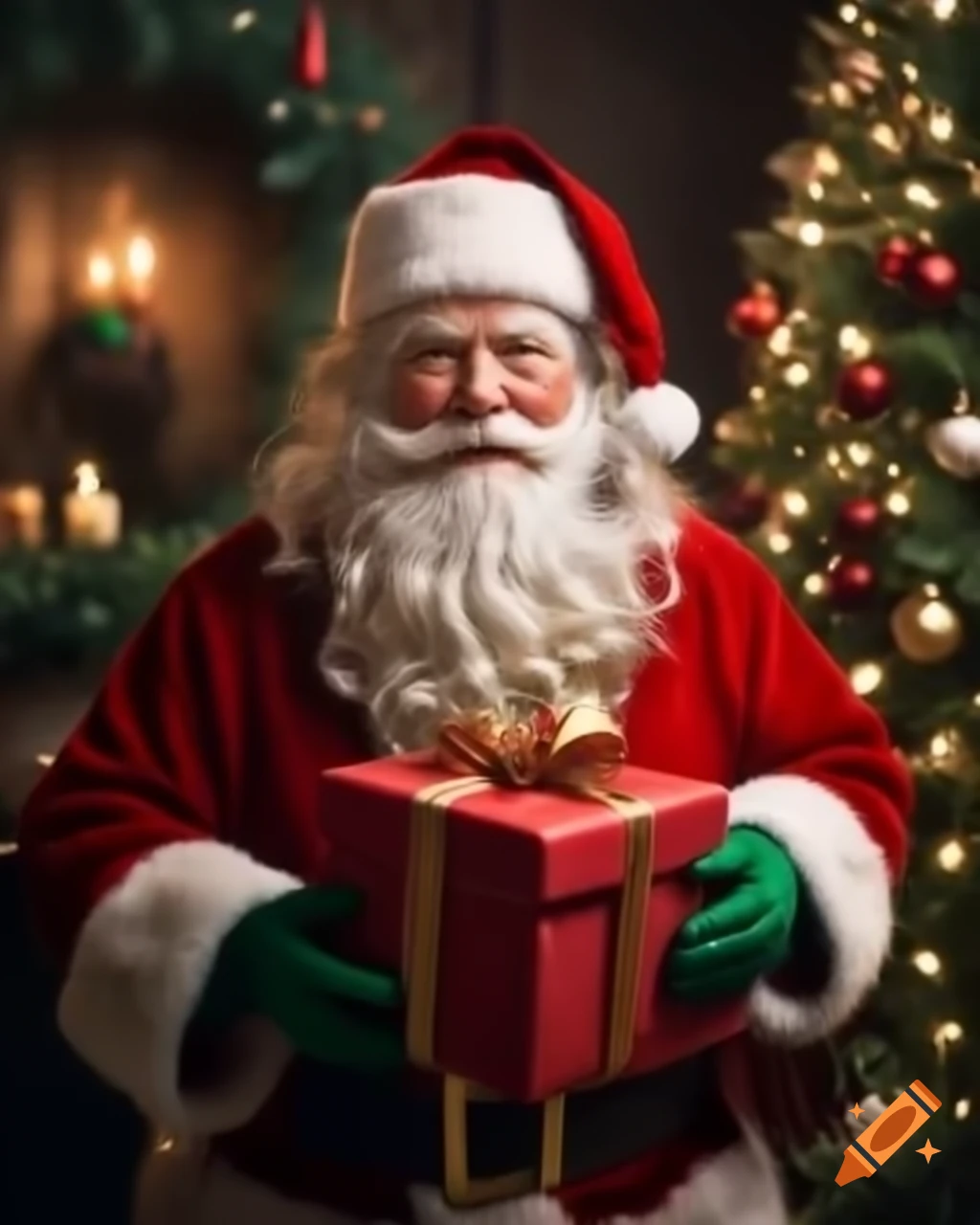 Santa Claus delivering presents under Christmas tree