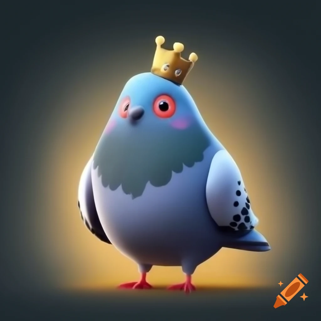 Cartoon-style pigeon with king chess piece crown on colorful background