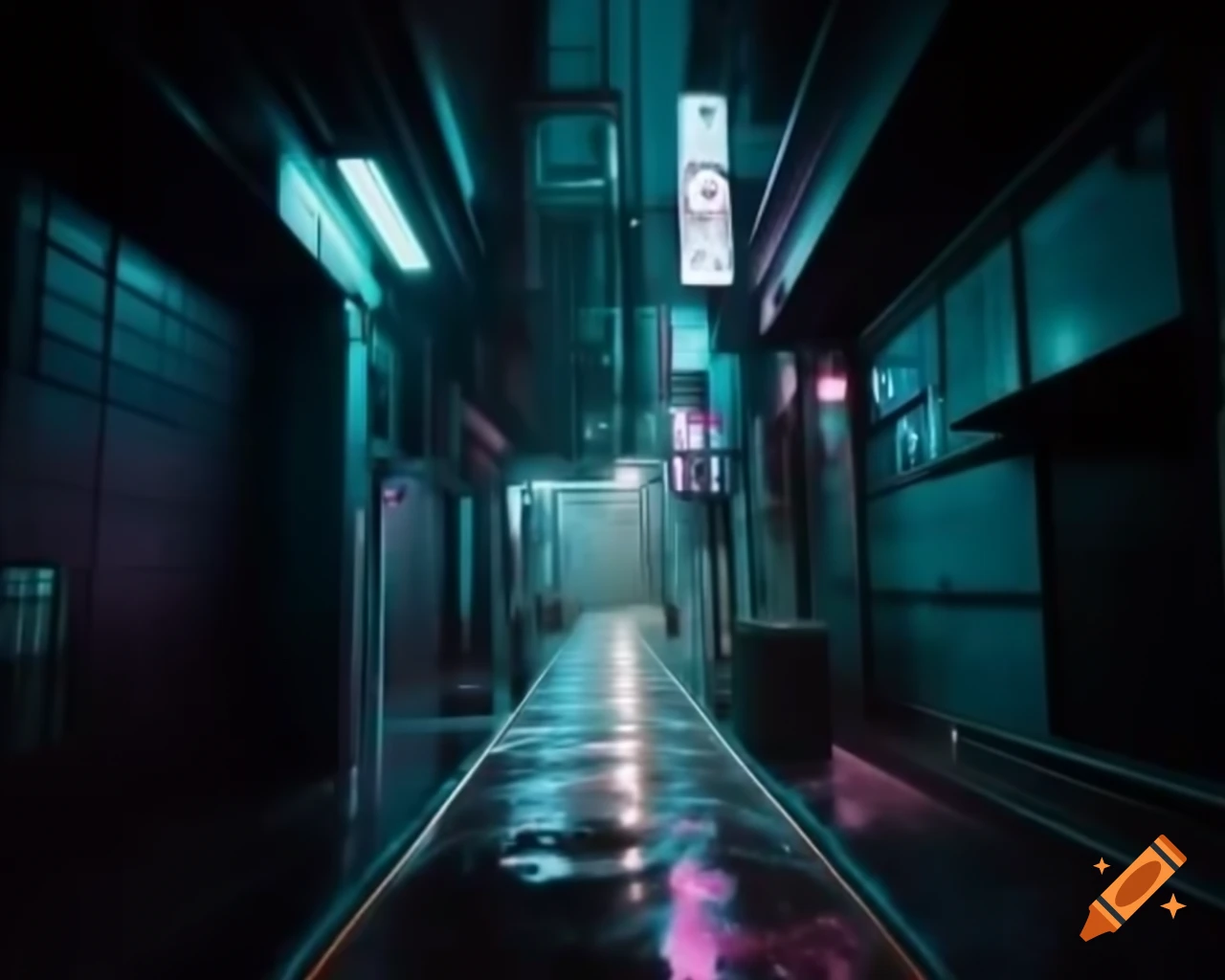 Cyberpunk alleyway with neon lights reflecting on rain-soaked surfaces