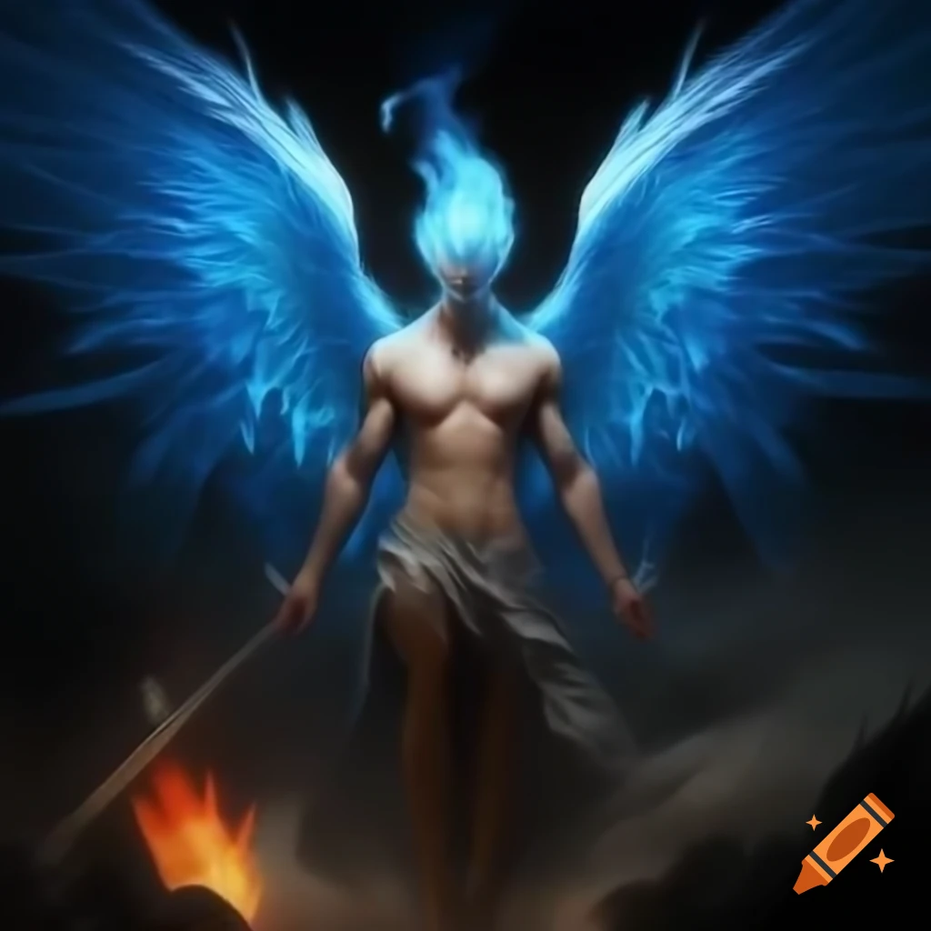 Illustration of an Akuma with bright blue wings and fiery eyes