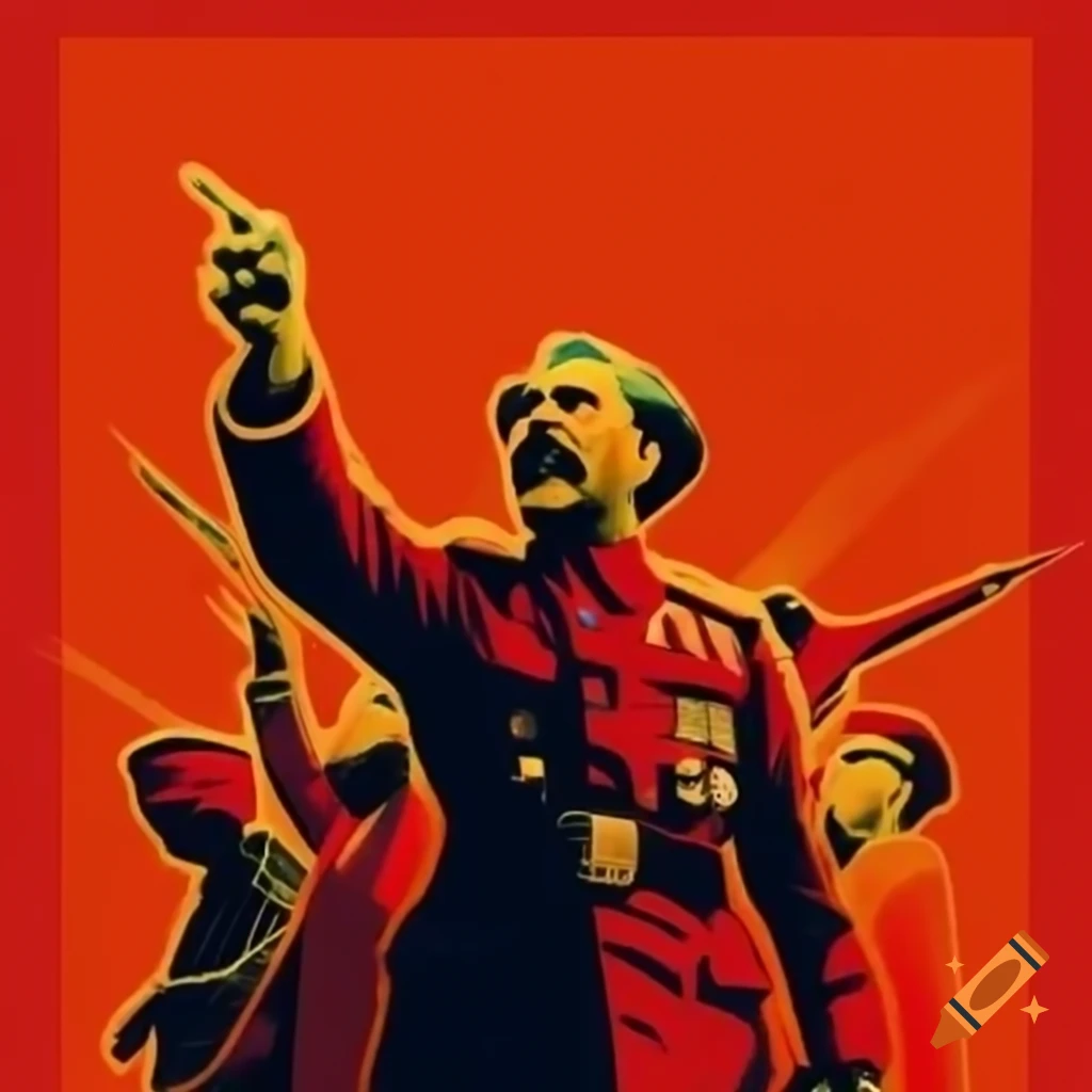 Soviet-style propaganda poster featuring a military leader in red and orange colors