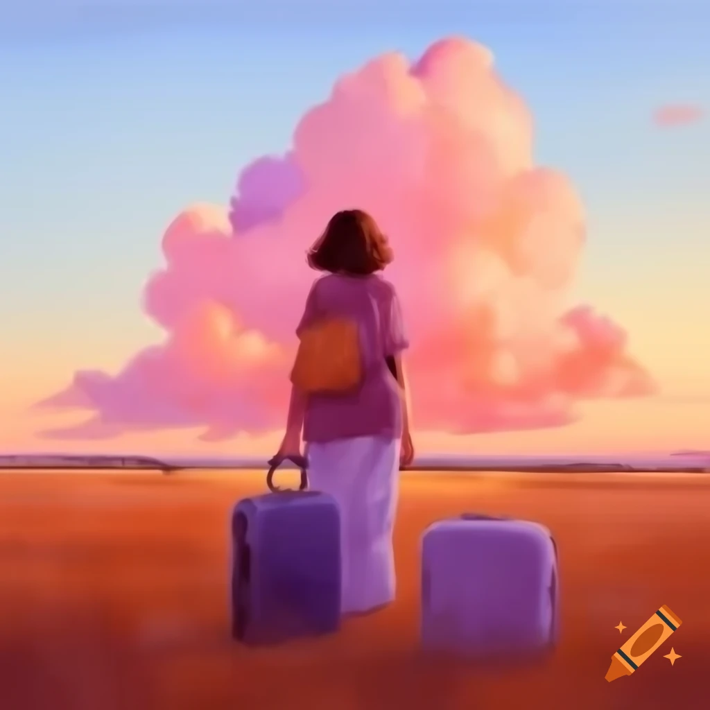 Woman opening suitcase filled with clouds in sunset field, pastel watercolor