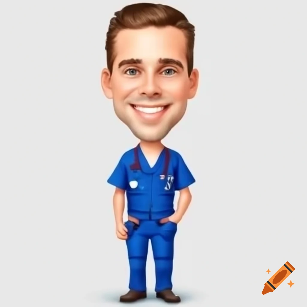 Cute caricature of male hospital technician wearing navy blue pants and