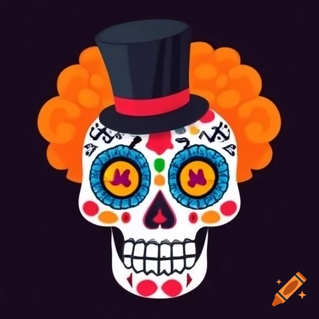 Colorful clownish Día de Muertos sugar skull with red nose and orange afro