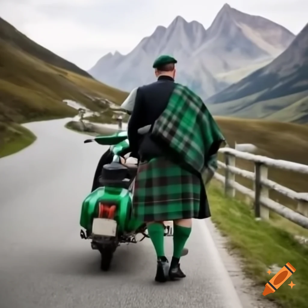 Irishman in kilt riding old scooter on winding mountain road