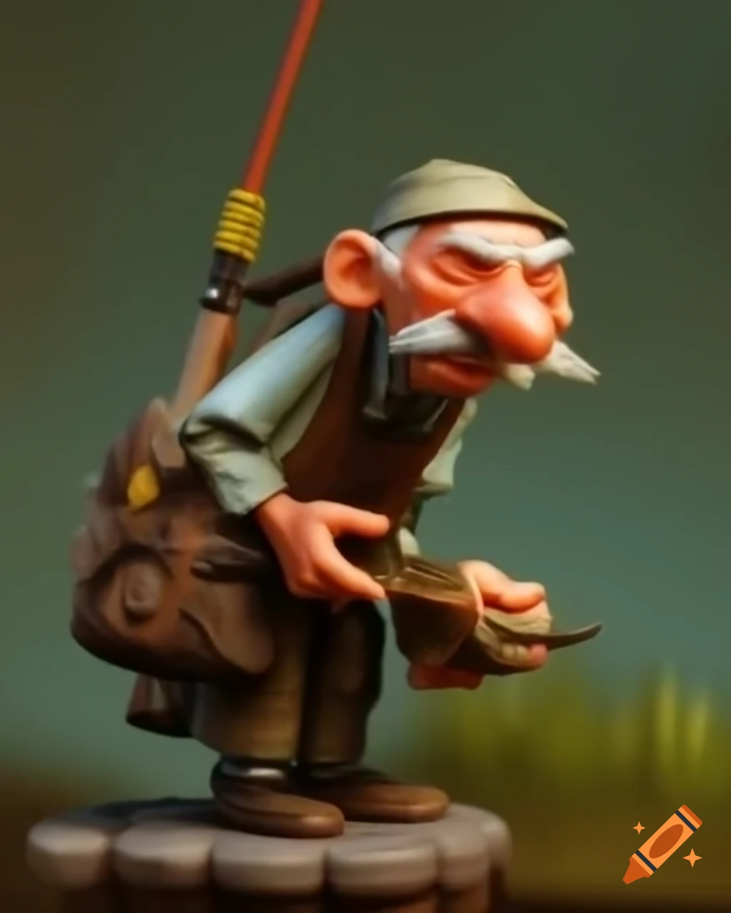 Close up of stop motion figure of an elderly man fishing
